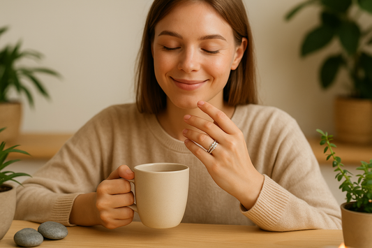 Mujer relajada con una taza de té, sonriendo con los ojos cerrados y luciendo un anillo antiestrés de plata en un ambiente zen con plantas.