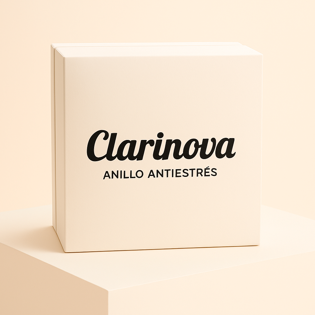 Joyero de color beige con Clarinova Anillos Antiestrés impresa en negro, acompañada del texto 